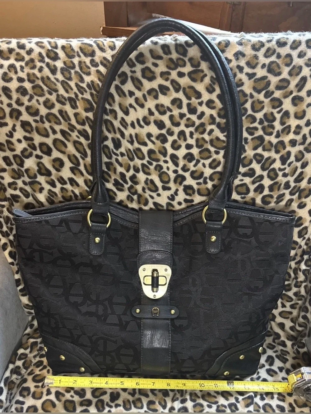 Etienne Aigner Black Turn lock Signature Jacquard/Leather Satchel/Shoulder/Tote